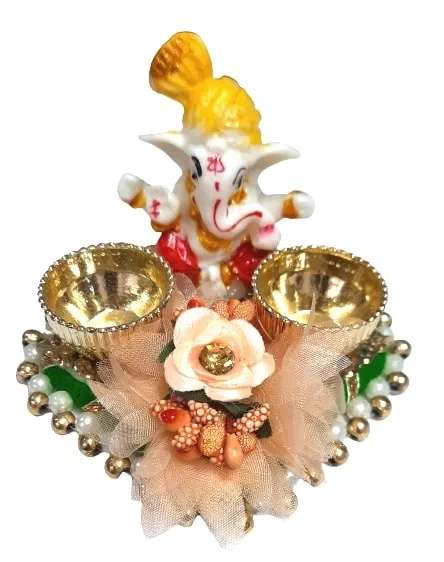 Metal Decorative Ganpati Haldi Kumkum Stand with 2 Roli Chawal Holder, Multicolor
