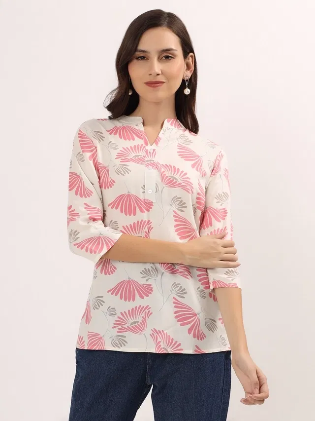 Floral Print Short Kurti for Women (Pink M)