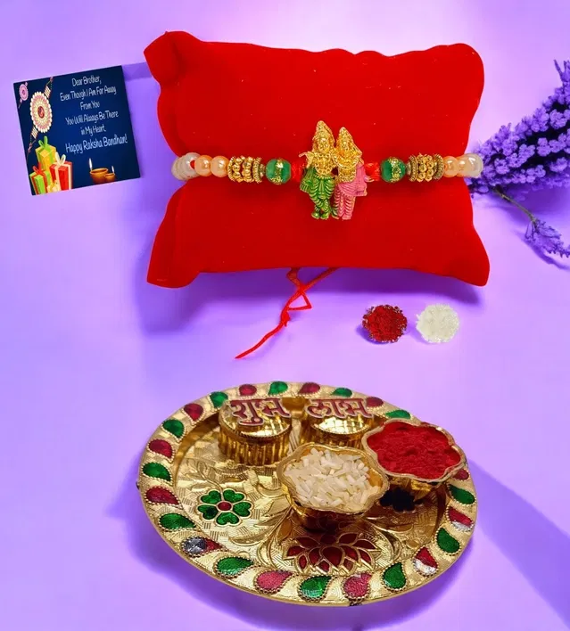 Metal Rakhi with 4.5 Inch Plate & Greeting card, Roli (Multicolor, Set of 1)