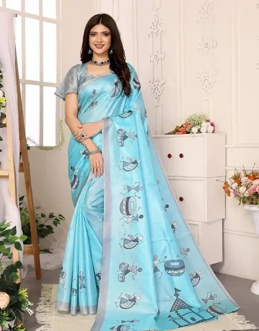 Mysore Silk Printed Saree for Women (Blue, 6.3 m)