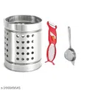 Stainless Steel Cutlery Rack with Peeler & Tea Strainer (Red & Silver, Set of 3)