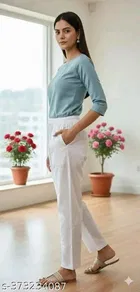 Cotton  Solid Pant for Women, White 