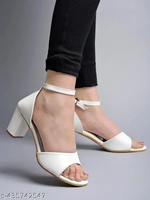 Solid Synthetic Block Open Toe Heels for Kids (White, 9-10 Years)