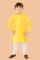 Cotton Blend Solid Kurta with Payjama for Boys, Yellow & White 