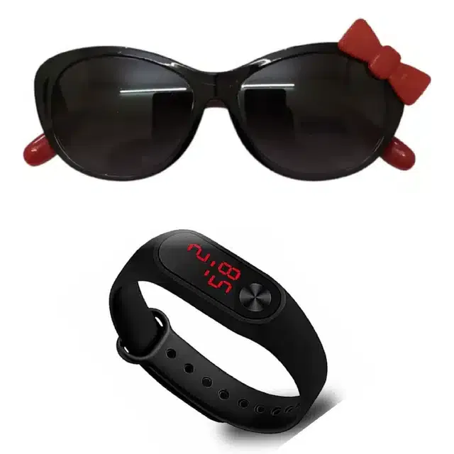 UV Protected Sunglass with Digital Watch for Boys & Girls (Black, Set of 2)