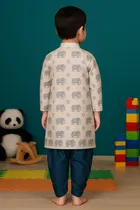 Cotton Blend Printed Kurta with Dhoti for Boys, White & Blue 