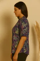 Women's Tropical Floral Print Mandarin Collar Top, S 