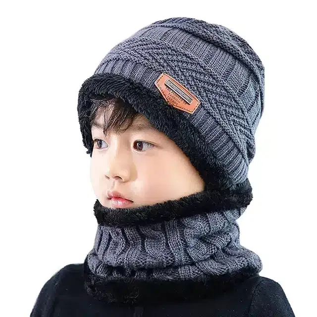 Winter Cap with Neck Warmer for Boys (Grey, 7-14 Years) (Set of 1)