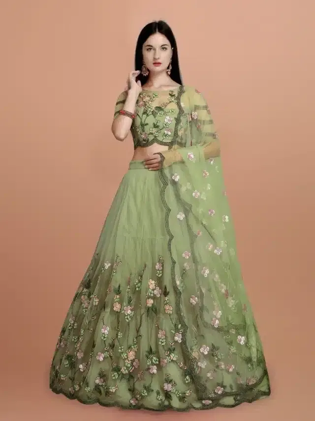 Net Embroidered Semi Stitched Lehenga Choli with Dupatta for Women (Green)