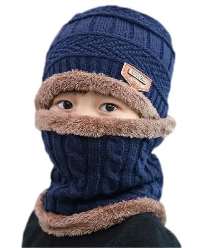 Winter Cap with Neck Warmer for Boys (Blue, 7-14 Years) (Set of 1)