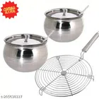 Stainless Steel Oil Container Pot Set (2 Pcs) with BBQ Grill (Silver, Set of 3)