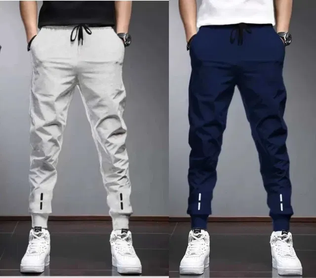Polyblend Printed Trackpants for Men, Grey & Navy Blue, Pack of 2 (L)