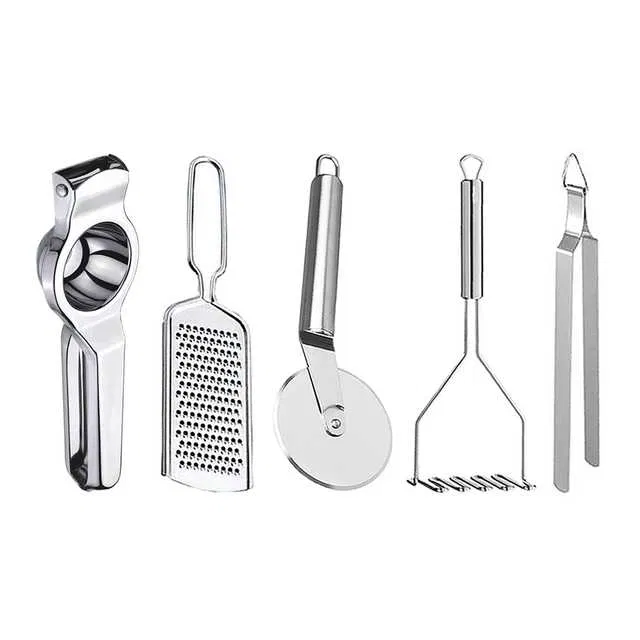 Oc9 Stainless Steel Lemon Squeezer & Cheese Grater & Pizza Cutter & Potato Masher & Roti Chimta Kitchen Tool Set (O-119)