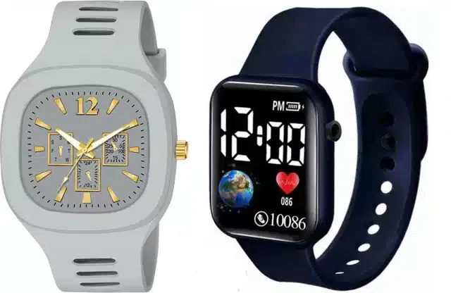 Analog with Smartwatch Combo for Men (Grey & Blue, Pack of 2)