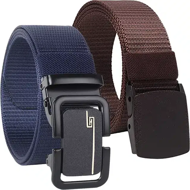 Casual Nylon Belt for Men (Blue & Brown, Pack of 2)