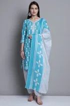 Cotton Blend Floral Kurti with Pant & Dupatta for Women 
