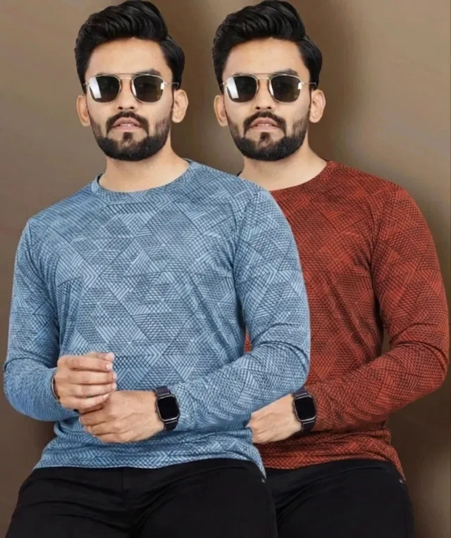 Printed Round Neck Polyester T-Shirts (Pack of 2) for Men (Blue, XL)