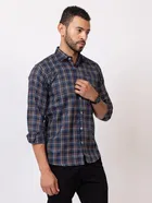 Cotton Blend Checkered Shirt for Men, Navy Blue 