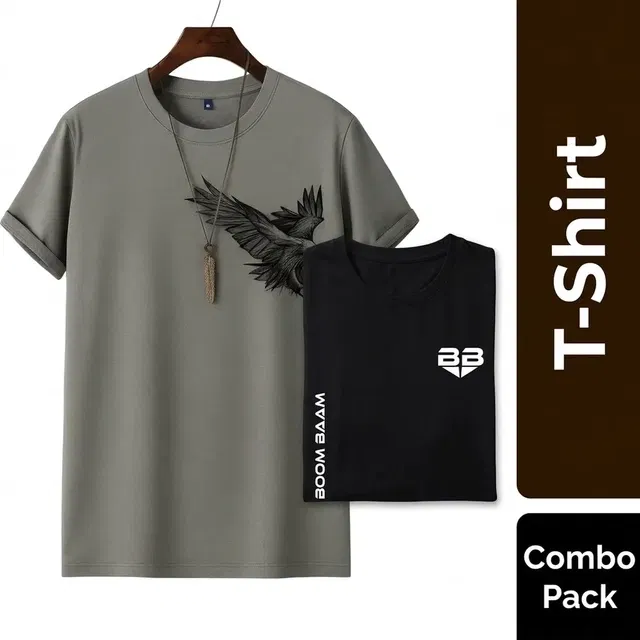 Round Neck Printed T-Shirt for Men, Combo Pack of 2, Grey & Black, XXL