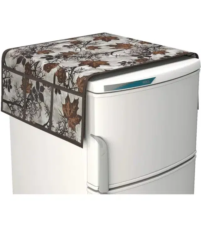 Knit Printed Fridge Top Cover with Side Pockets (Brown)