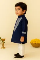 Dupion Silk Printed Kurta with Payjama for Boys, Navy Blue & White 