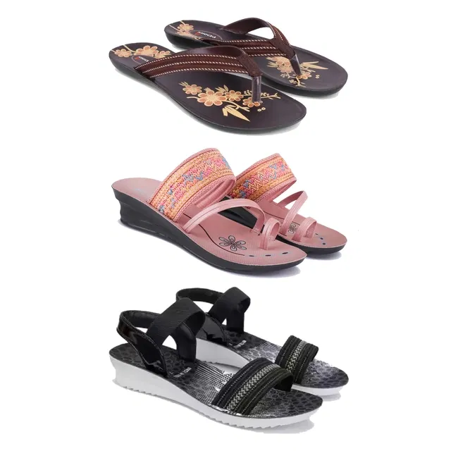 Flats with Heels & Sandals for Women (Multicolor, 7) (Set of 3)