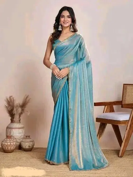 Net Solid Saree for Women, Blue (6.3 m)