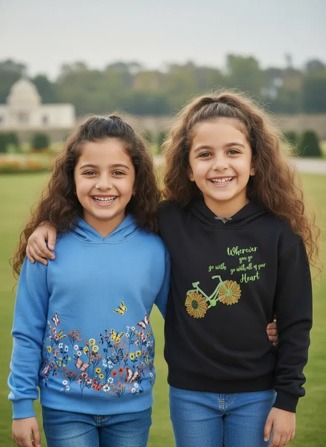 Wool Printed Hoodie for Girls, Multicolor, Pack of 2 (10-11 Years)