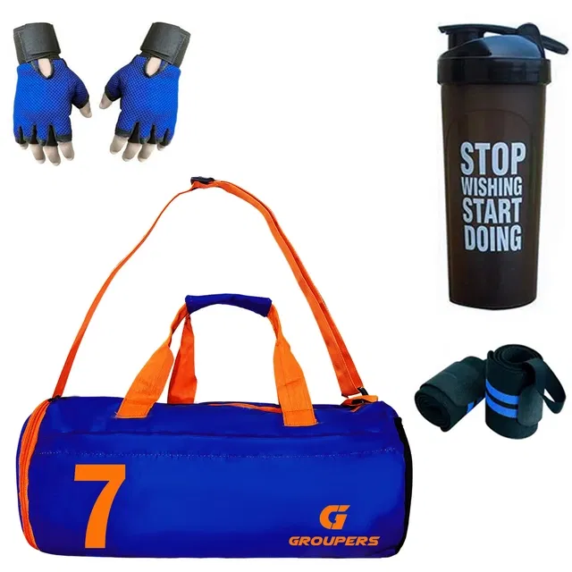 Polyester Printed Gym Bag with 2 Pcs Wristband, Gloves & Shaker Bottle (700 ml) for Men & Women (Multicolor, Set of 1)