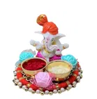 Metal Decorative Ganpati Haldi Kumkum Stand with 2 Roli Chawal Holder, Multicolor