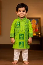 Cotton Printed Kurta with Payjama for Boys, Green & White 