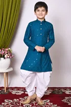 Rayon Cotton Embellished Kurta with Dhoti for Boys, Teal & White 