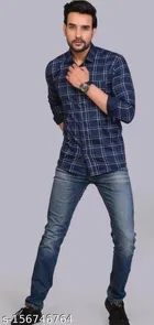 Cotton Blend Checked Shirt for Men, Blue 