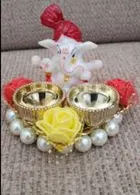 Metal Decorative Ganpati Haldi Kumkum Stand with 2 Roli Chawal Holder, Multicolor
