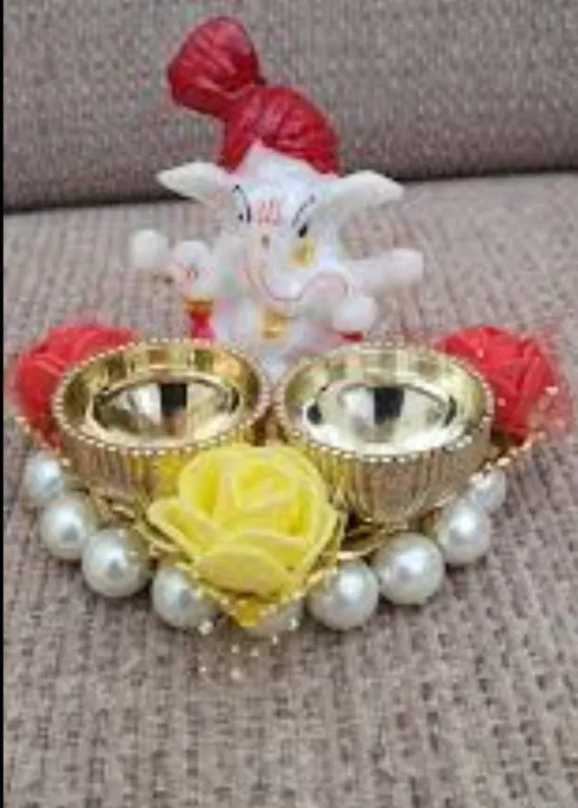 Metal Decorative Ganpati Haldi Kumkum Stand with 2 Roli Chawal Holder, Multicolor