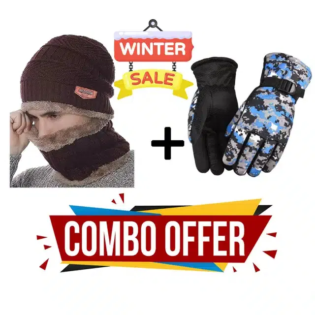 Woolen Cap with Neck Warmer & Hand Gloves for Men & Women (Brown, Set of 3)