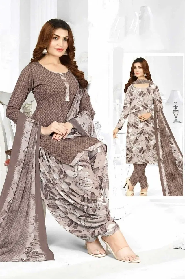 Crepe Floral Punjabi Suits for Women (Brown, Brown)