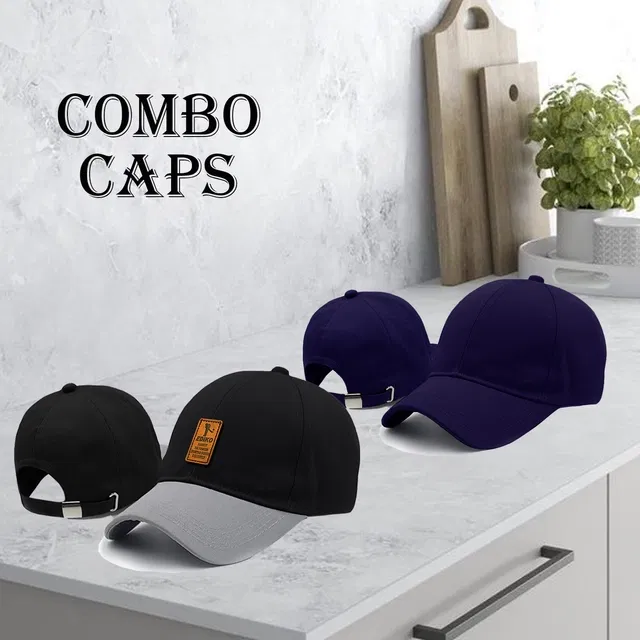 Cotton Sports Cap for Men & Women (Black & Blue, Pack of 2)