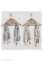 Printed Chiffon Scarves with Tassels for Women, Multicolor, Pack of 2