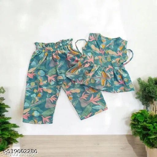 Rayon Slub Printed Clothing Set for Girls, Green, Pack of 1 (6-9 Months)