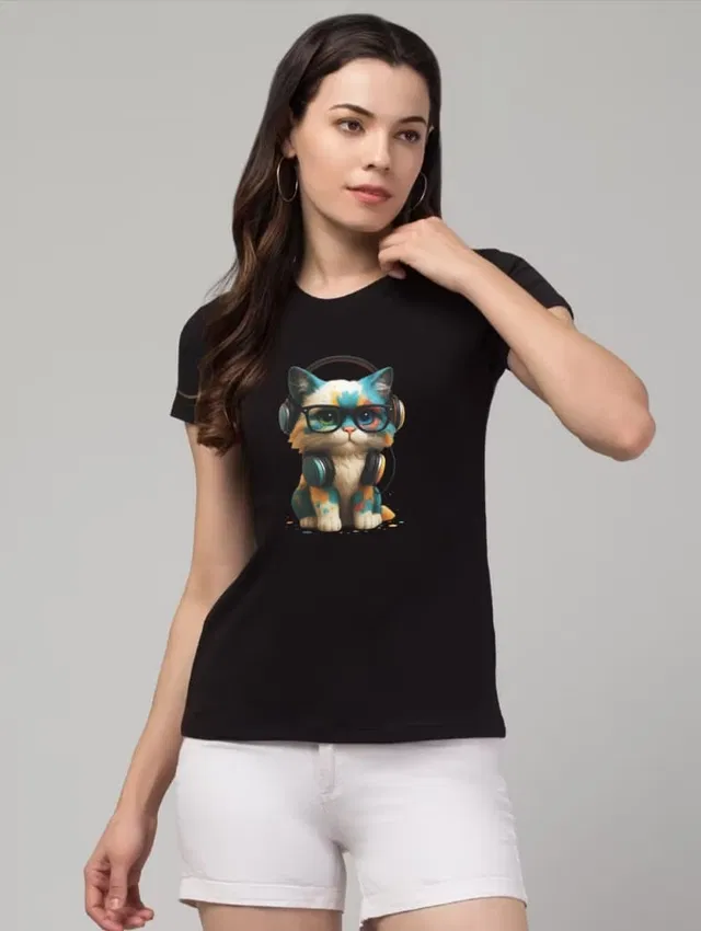 Cotton Blend Printed T-shirt for Women, Black (XL)