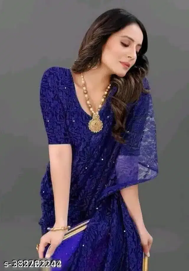 Net Saree for Women (Navy Blue, 6.3 m)