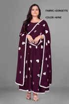 Georgette Ethnic Motif Gown with Dupatta for Women (Purple & White, L)