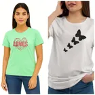 Cotton Blend T-shirt for Women, Green & White, Pack of 2 
