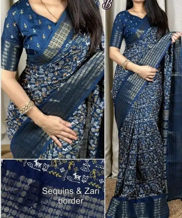 Cotton Printed Saree for Women (Teal, 6.3 m)