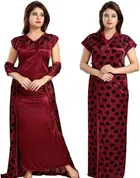 Satin Printed Nightdress for Women (Maroon, M)