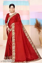 Georgette Solid Saree For Women, Red