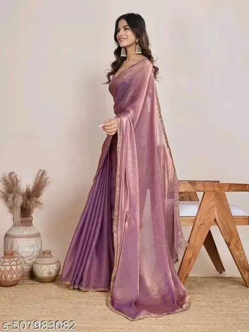 Satin Solid Saree for Women, Purple (6.3 m)