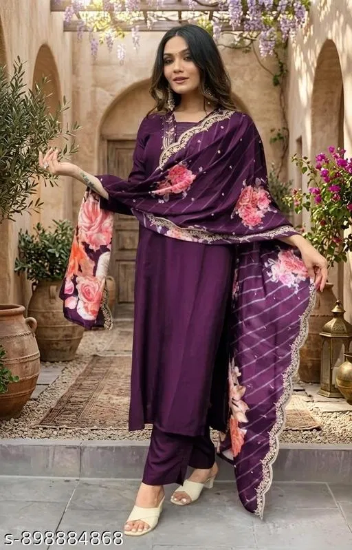Chanderi Silk Kurta Set for Women (Purple, XXS)