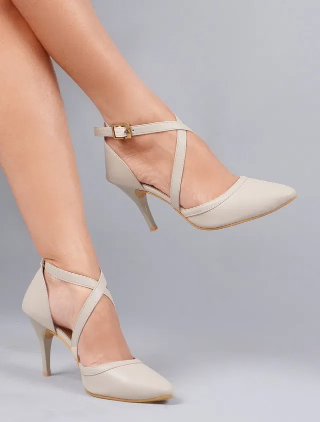 JM Looks Stylish Heels for Women (Cream, 4)